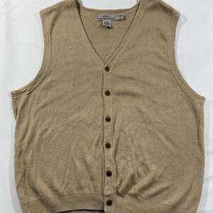 A|K|A Eddie Bauer Men's V-Neck Button-Up Sweater Vest, Tan Khaki - Size L